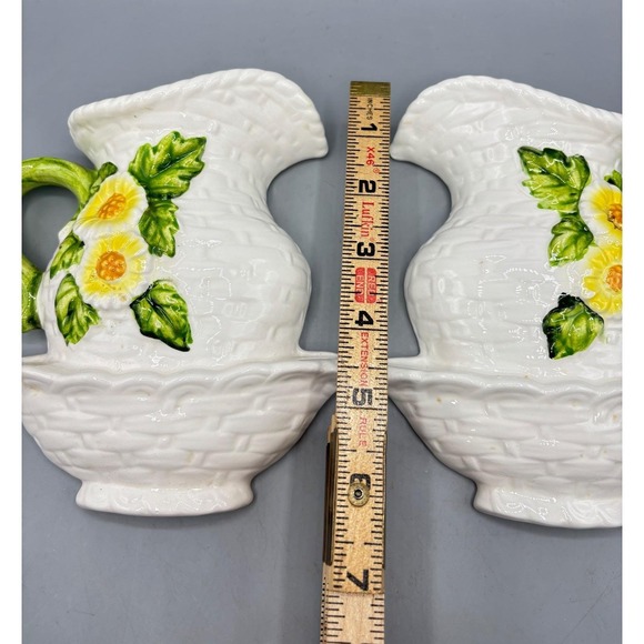 Vtg Lefton Ceramic Wall Pocket Pair Pitcher Basin Basketweave Daisy Decor - Picture 6 of 6